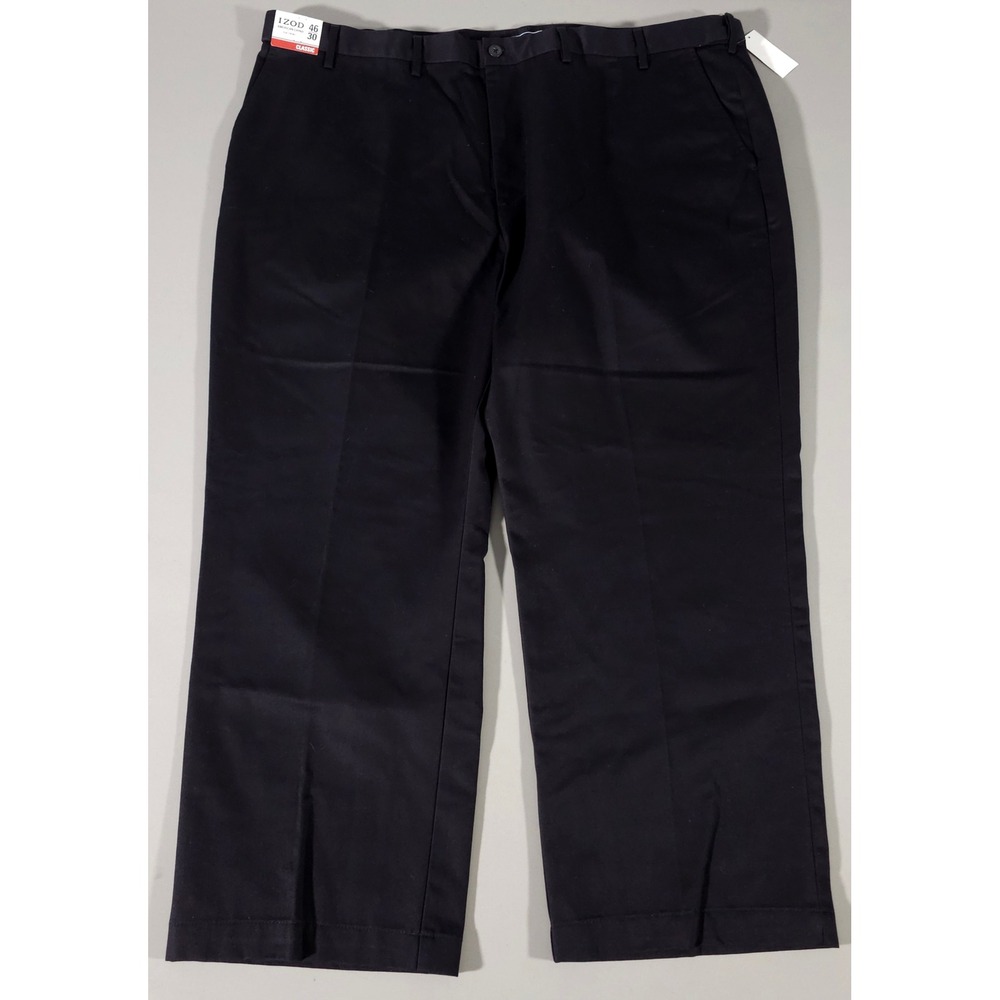 IZOD Chino Pants Mens 46x30 Black Flat Front Non-Iron Big & Tall Cotton New